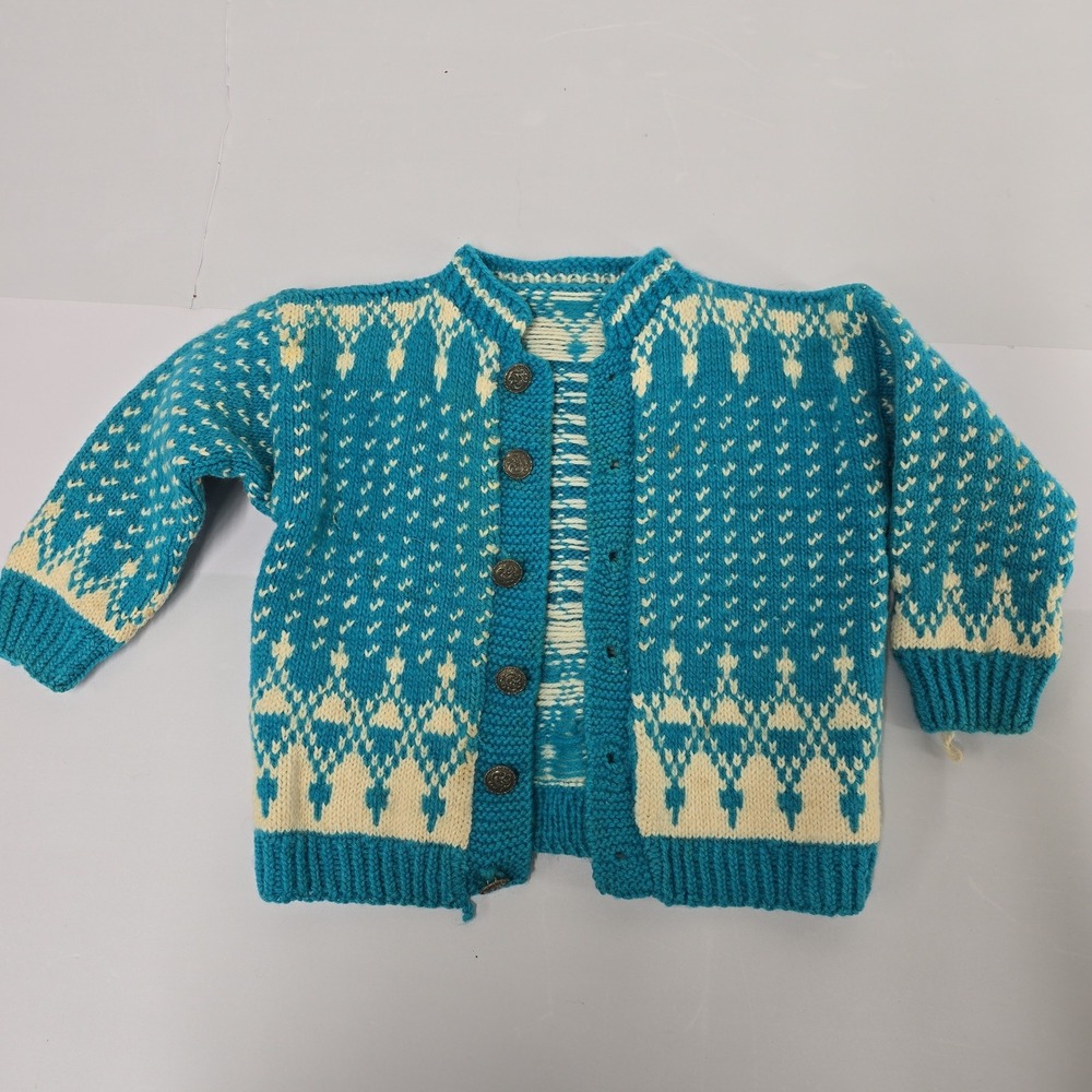Vintage Hand‎ Knit Fair Isle Toddler Cardigan Sweater Teal Cream Metal Buttons